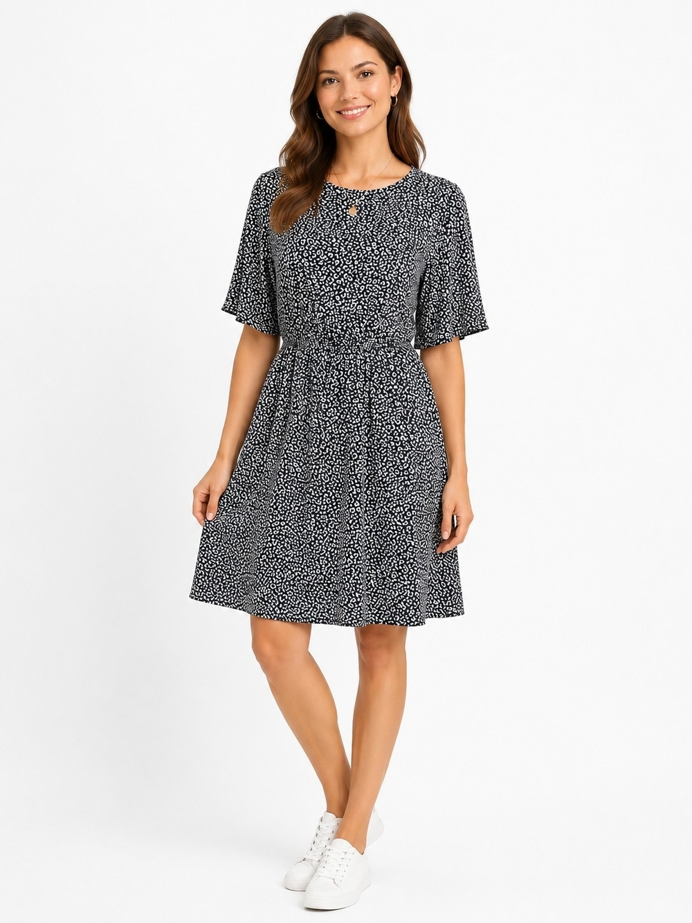 SHEIN Black & White Printed Short Dress with Flutter Sleeves Prarie Peasant